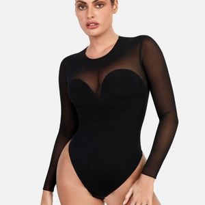 Popilush Sheer Mesh Shapewear Long Sleeve Thong Bodysuit  Black M Burgundy XXL